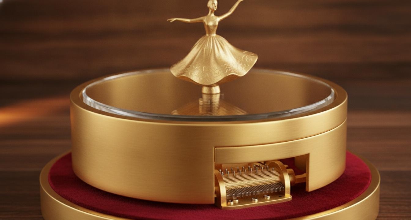 04 Gold-Plated Rotating Music Box Bases for Premium Display Cases 360° Sync Drive and Brass Comb