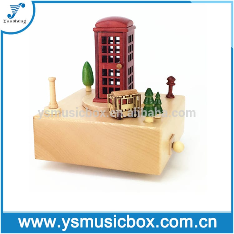 Red Telephone Booth Design Music Box Wooden Music Box Xmas Gift/Custom Songs Musical Box