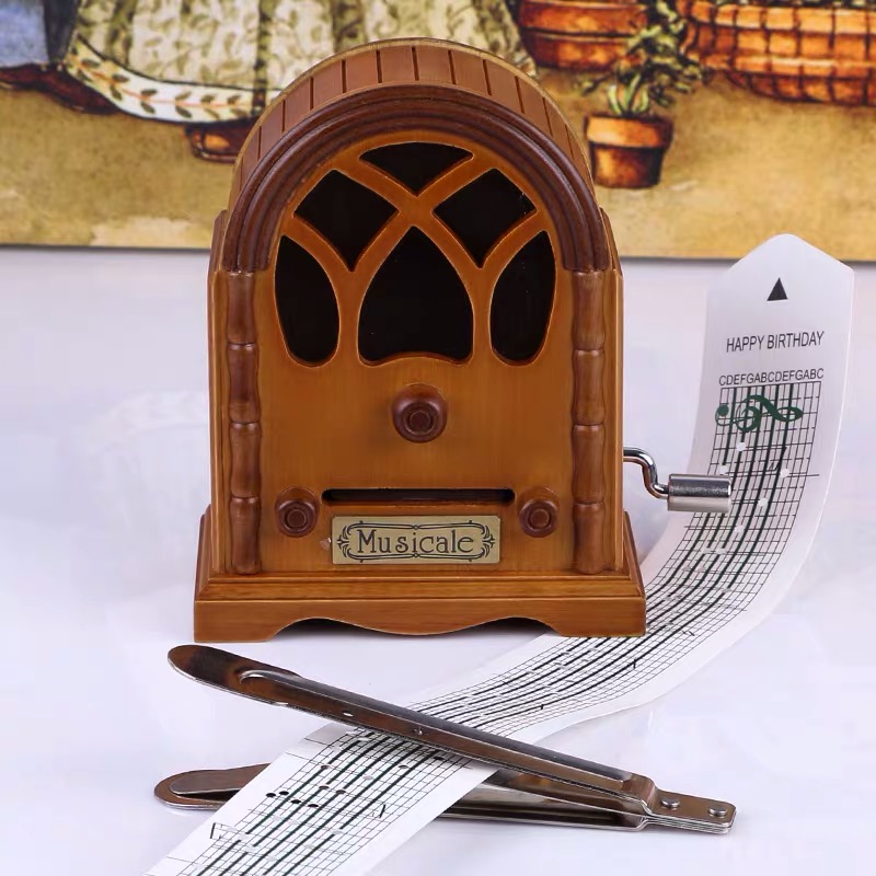 Wooden hand cranked music box paper stripe music box with custom music Featured Image
